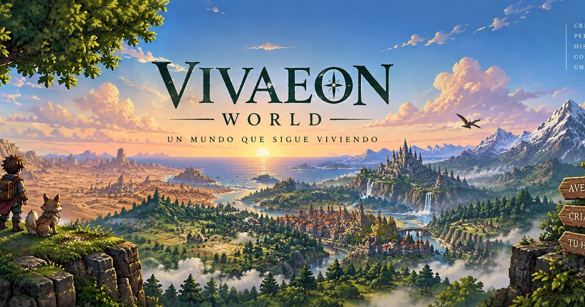 Arte oficial de VIVAEON World: un chico con su perro contempla desde un risco un valle con pueblo, río y castillo al atardecer. Ilustración promocional, no es una captura del juego.