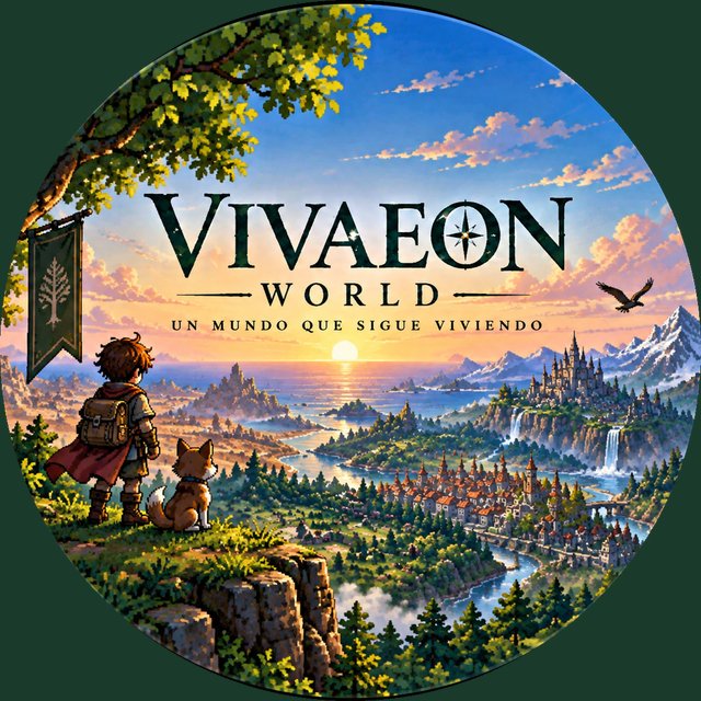 Arte oficial de VIVAEON World: un chico y su perro mirando un valle con pueblo y castillo. Ilustración promocional, no es una captura del juego.